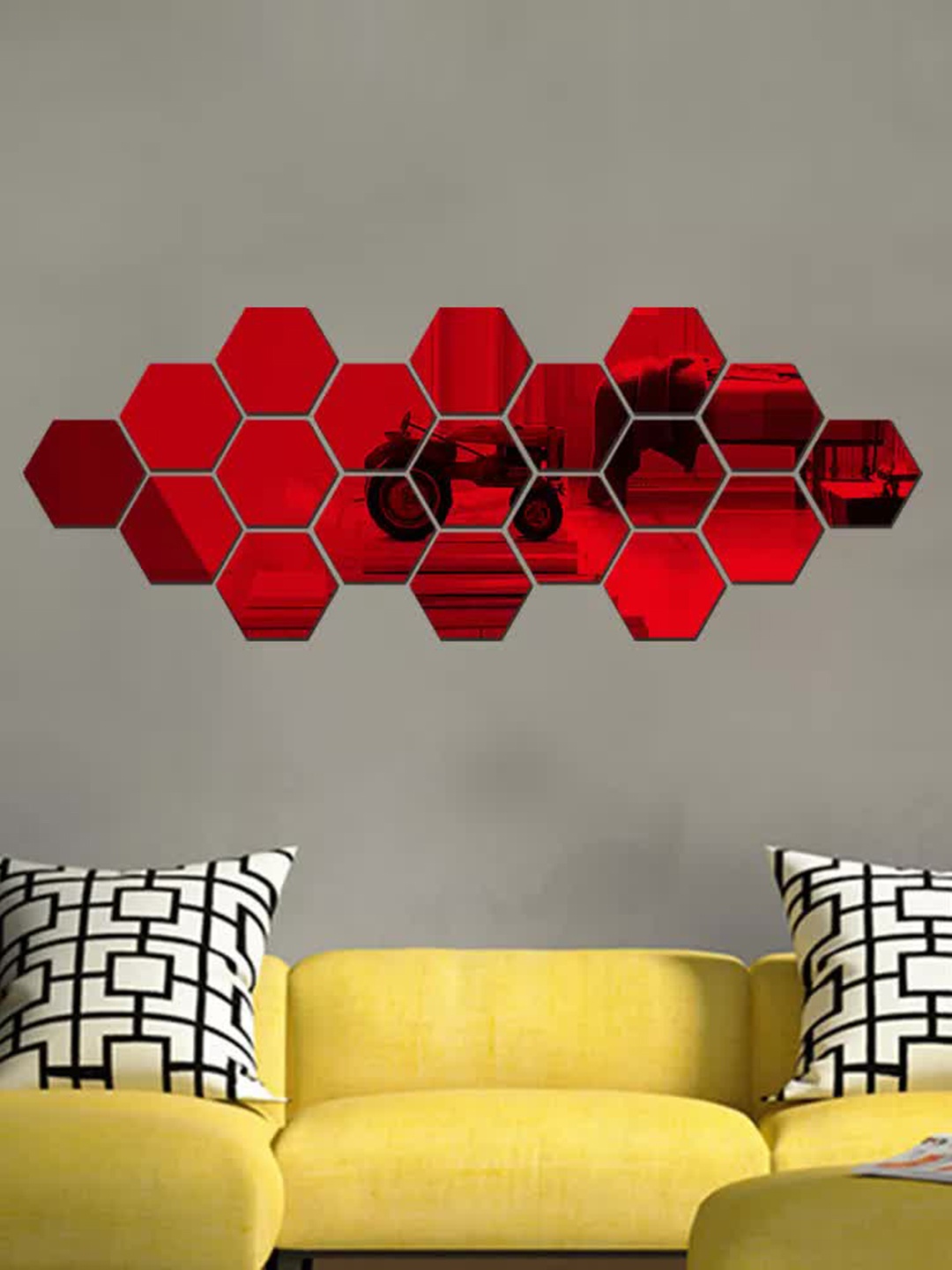 

WallDaddy Red 19 Pieces Hexagon Mirror Wall Stickers