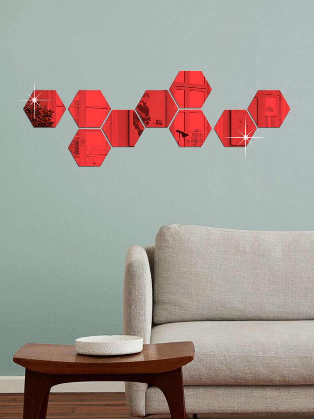 

WallDaddy 9 Pcs Red Hexagon Mirror Wall Stickers