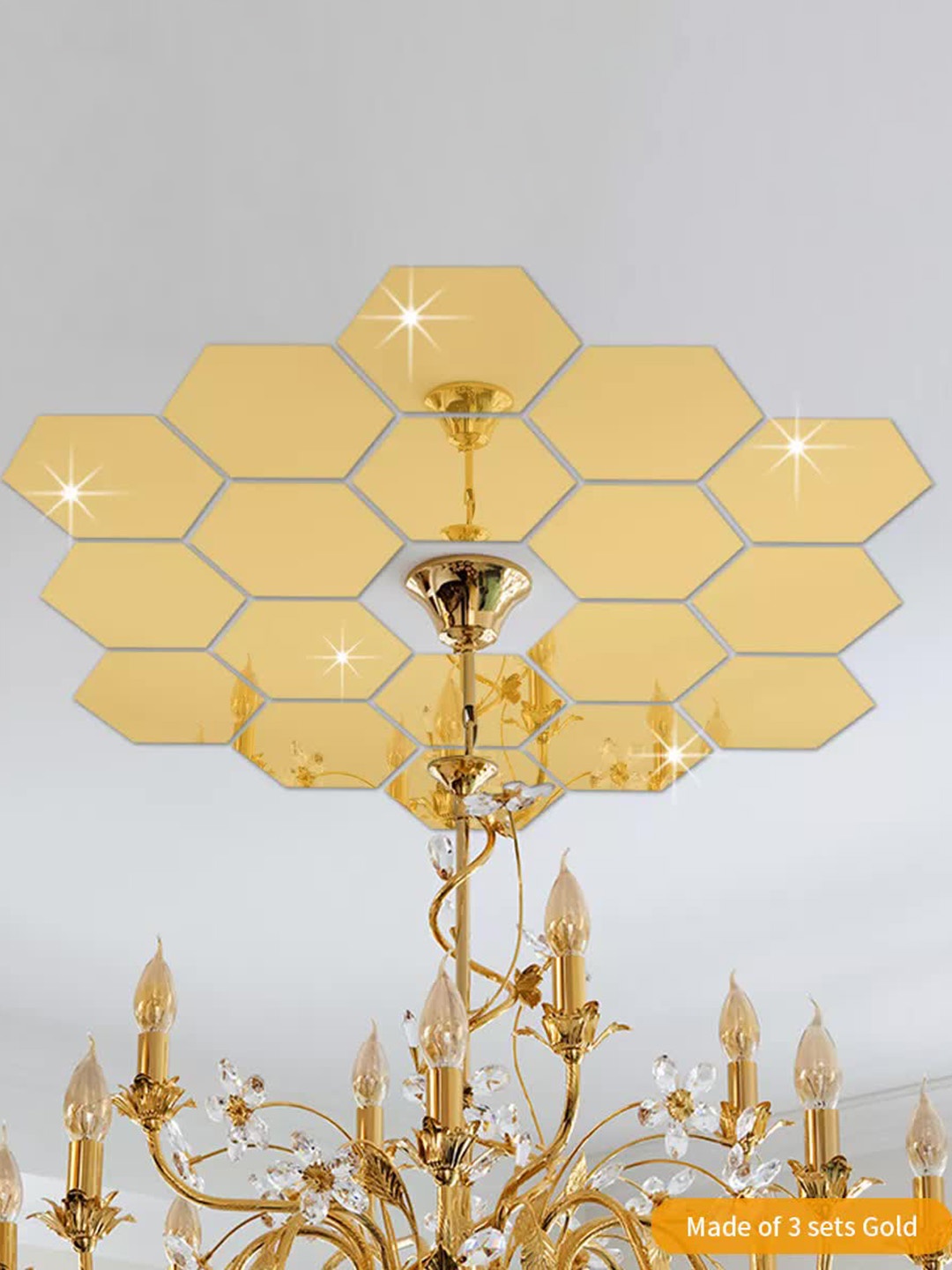

WallDaddy Gold Toned 18 Pieces Hexagon Design Mirror Wall Stickers