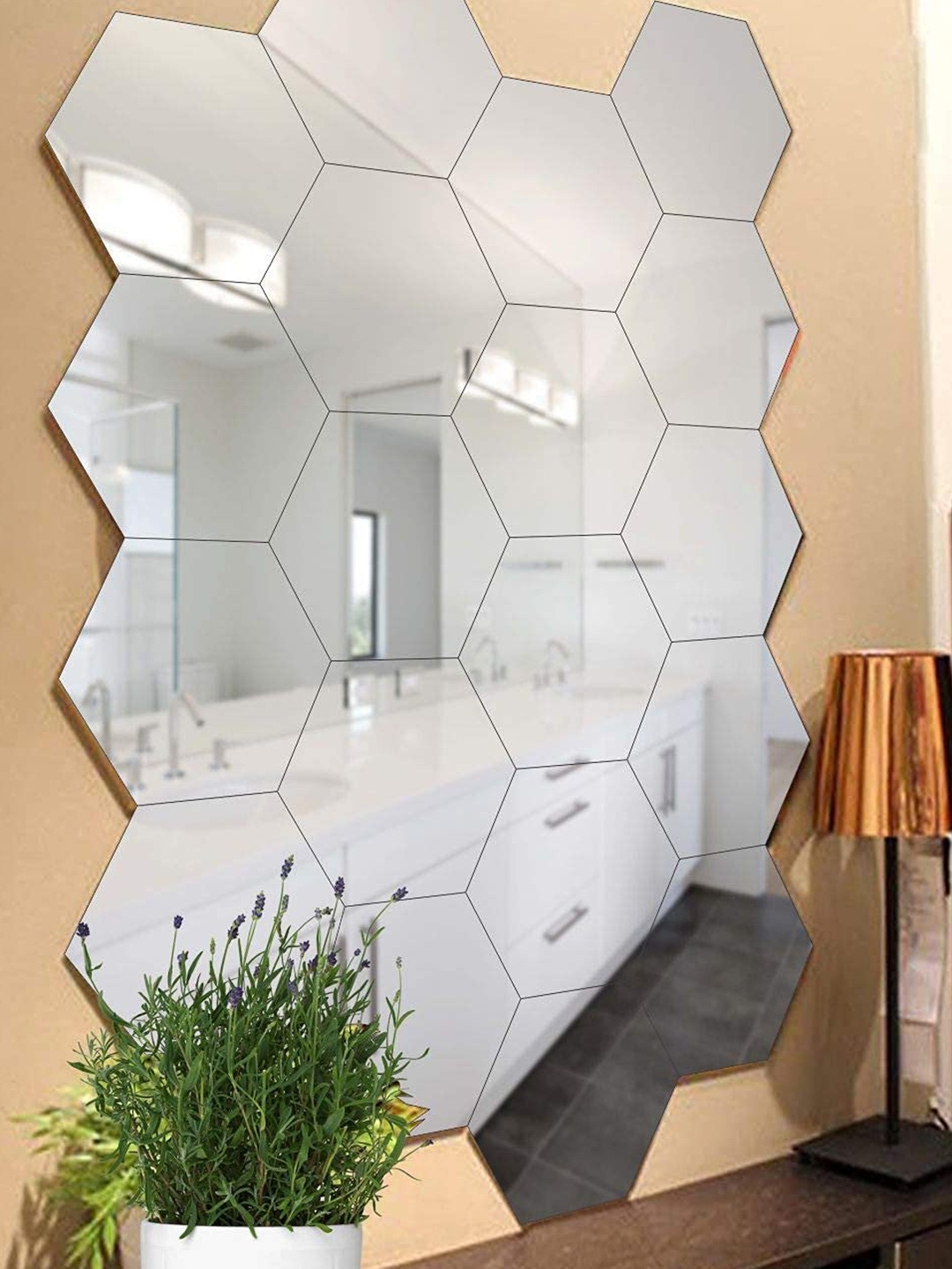 

WallDaddy 19 Pcs Silver-Toned Hexagon Mirror Wall Stickers