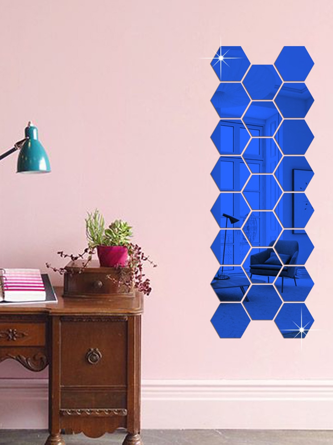 

WallDaddy 23 Pcs Blue Hexagon Mirror Wall Stickers