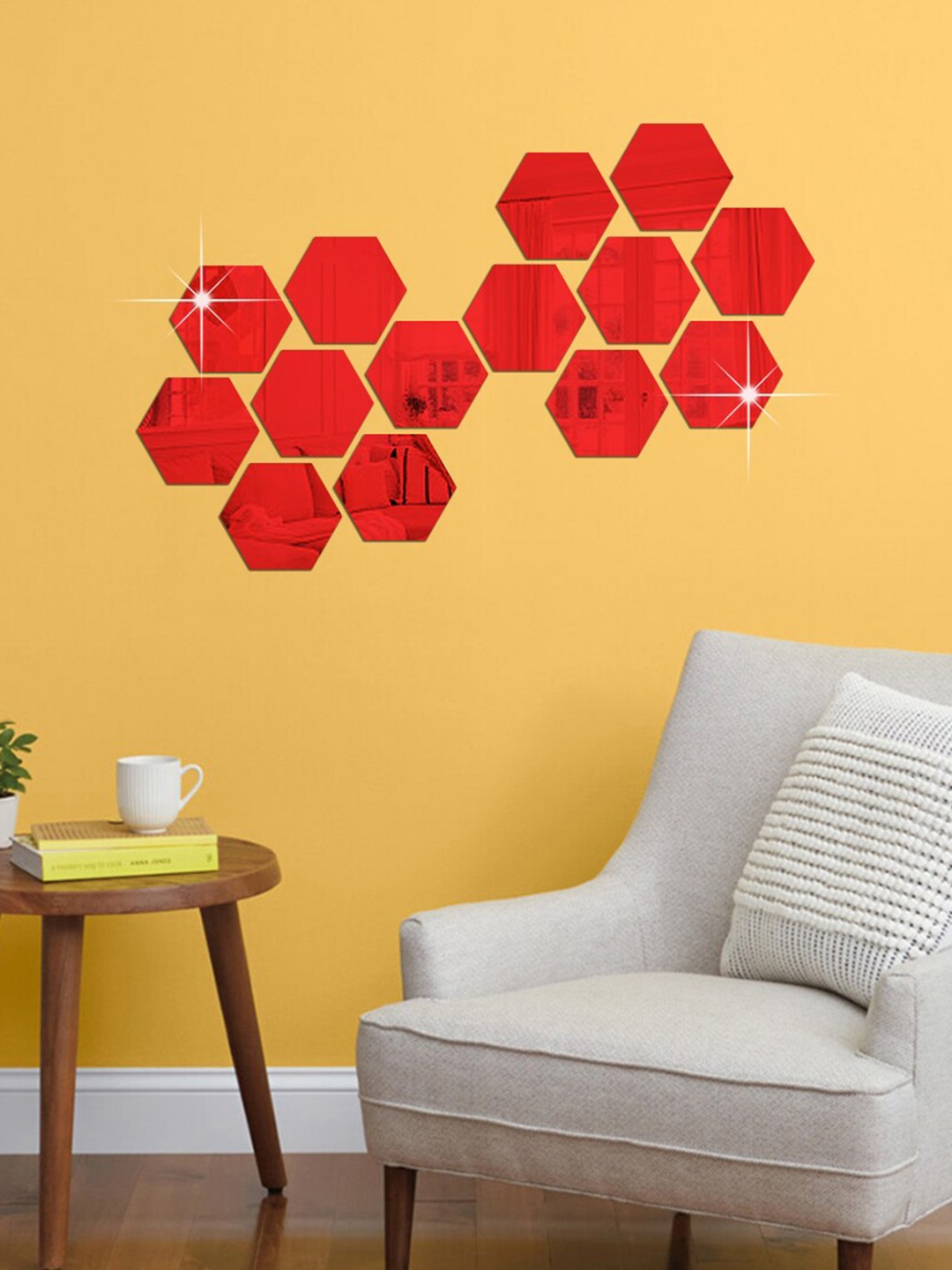 

WallDaddy Red 14-Pieces Hexagon Mirror Wall Stickers