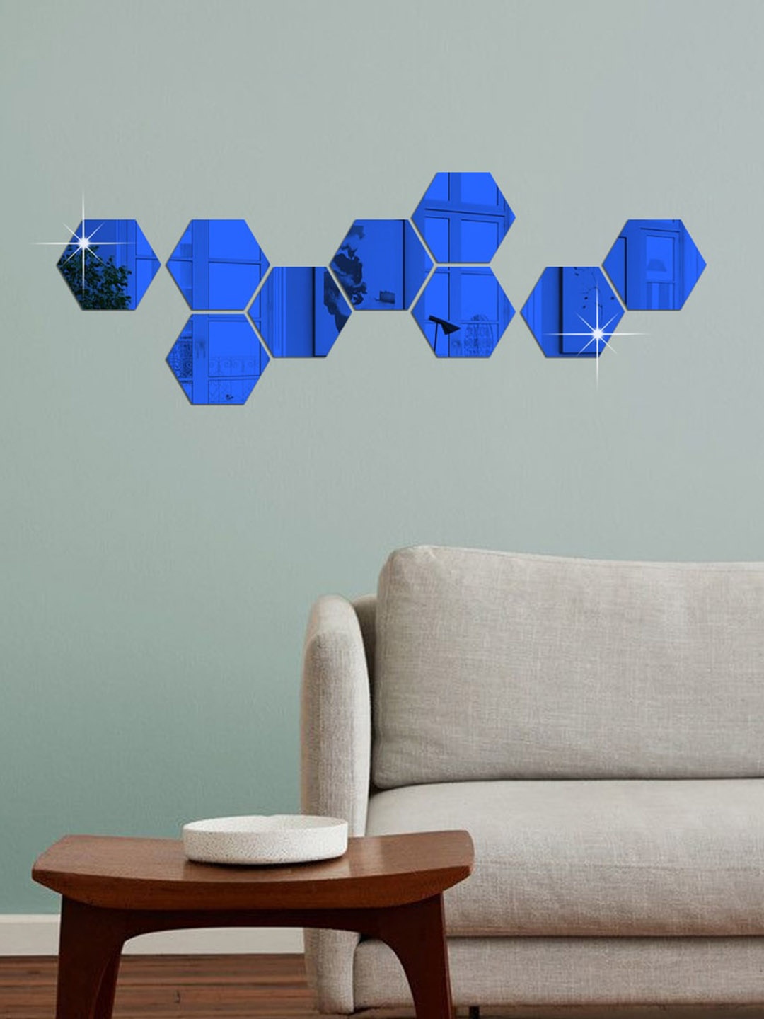 

WallDaddy Blue 9 Pieces Hexagon Mirror Wall Stickers