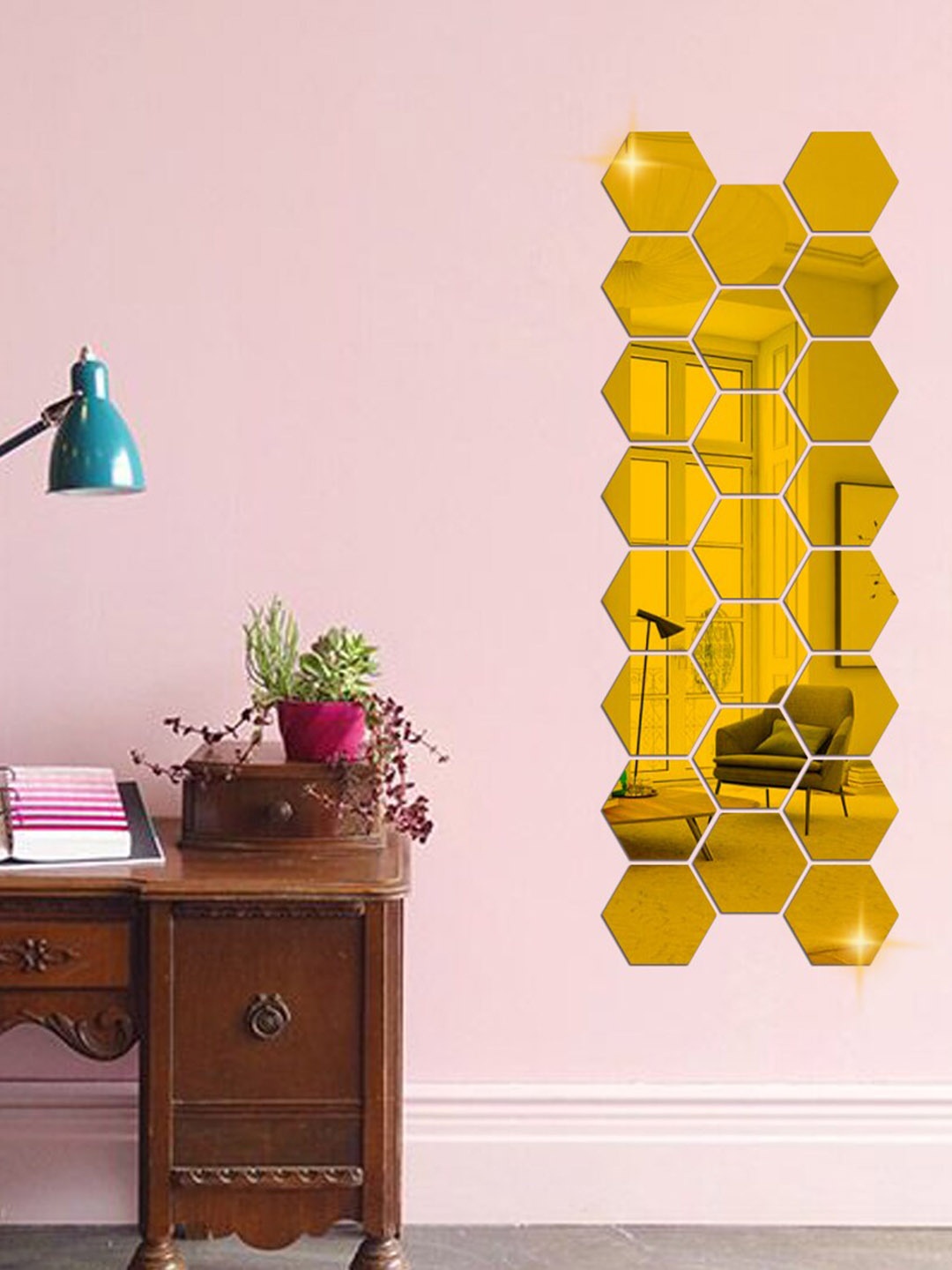 

WallDaddy Gold Toned 23 Pcs Hexagon Mirror Wall Stickers