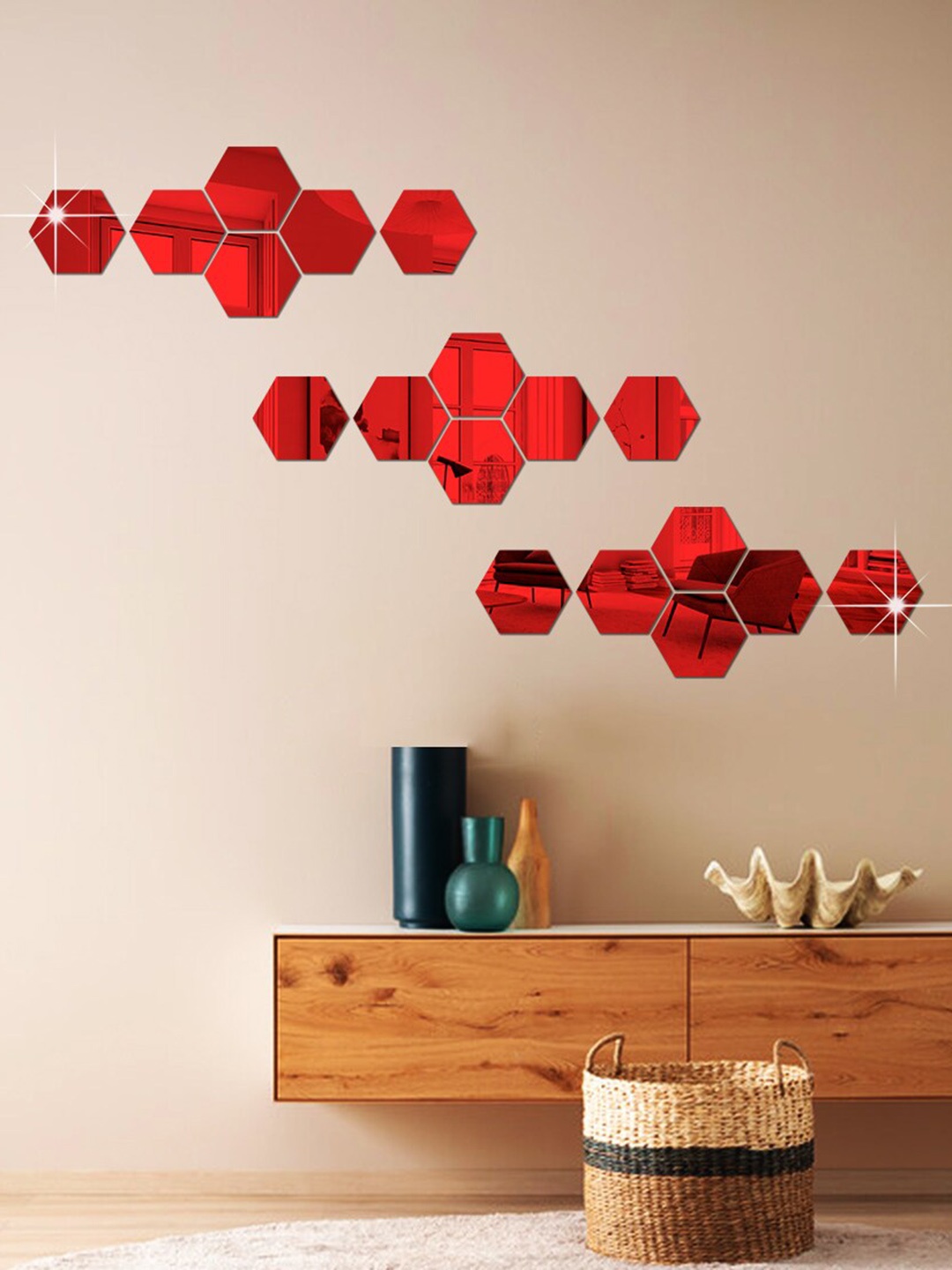 

WallDaddy 18 Pcs Red Hexagon Mirror Wall Stickers