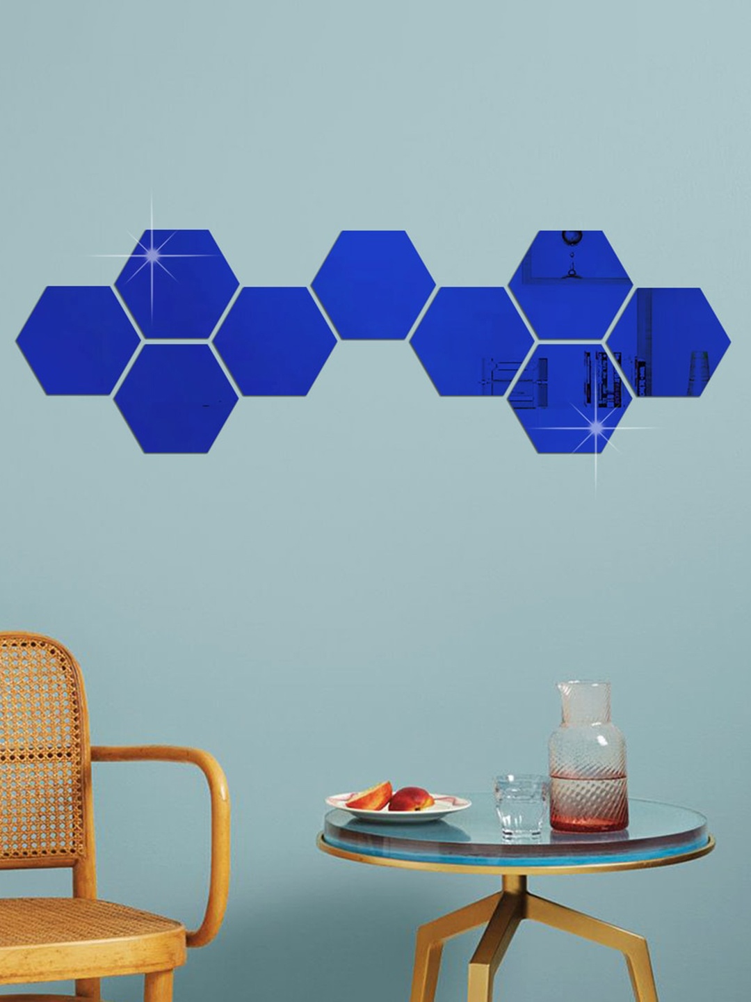 

WallDaddy Blue 9 Pcs Hexagon Design Mirror Wall Stickers