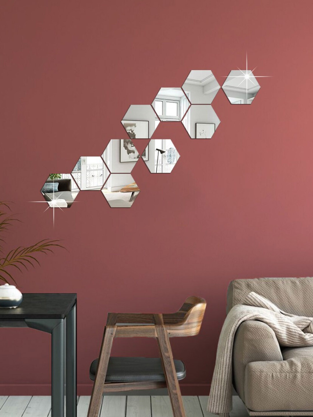 

WallDaddy Silver Toned 10 Pieces Hexagon Mirror Wall Stickers