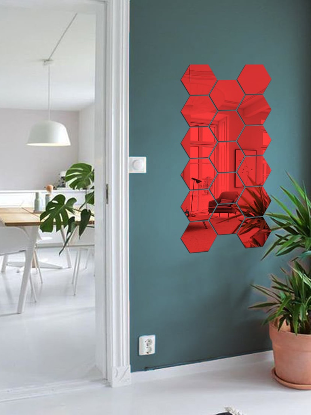 

WallDaddy Red 17 Pieces Hexagon Mirror Wall Stickers