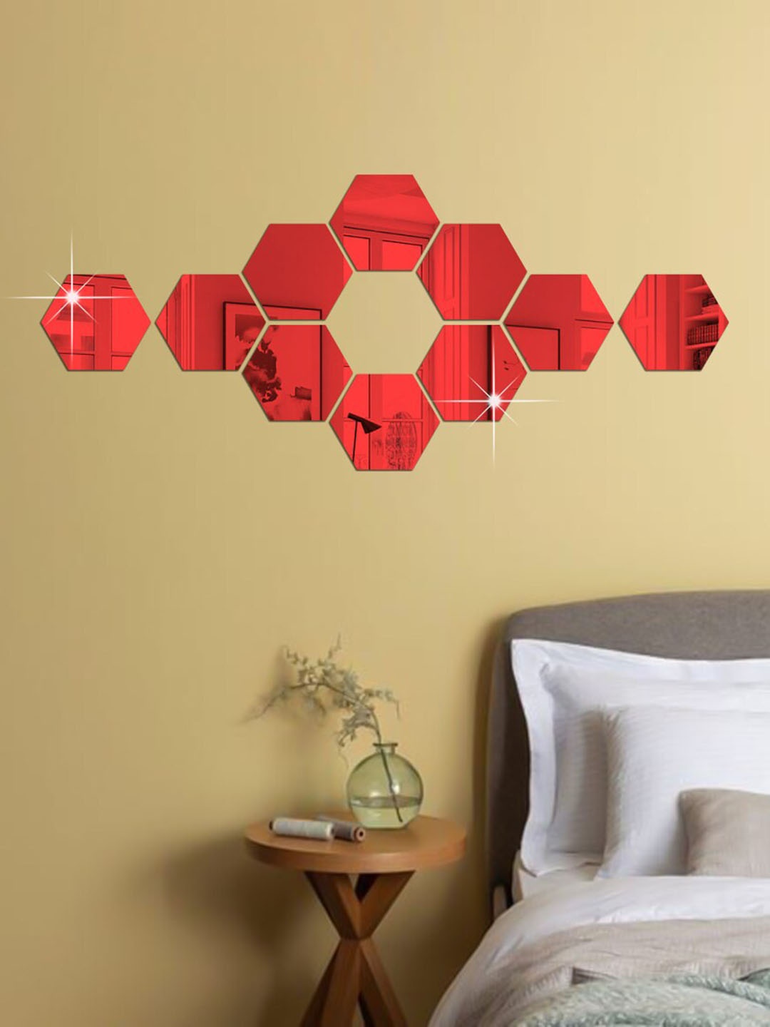 

WallDaddy Red 10 Pieces Hexagon Mirror Wall Stickers