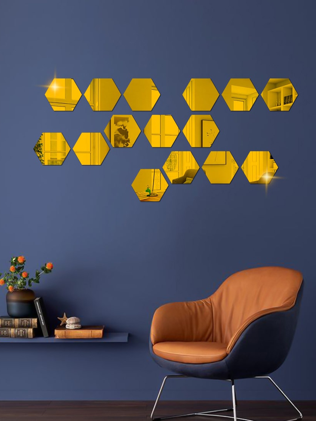 

WallDaddy Gold Toned 15 Pieces Hexagon Mirror Wall Stickers