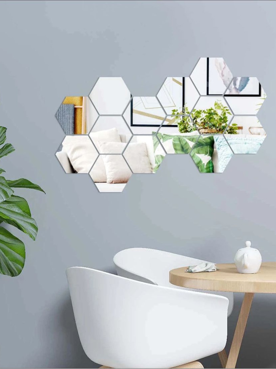 

WallDaddy 14 Pcs Silver-Toned Hexagon Mirror Wall Stickers