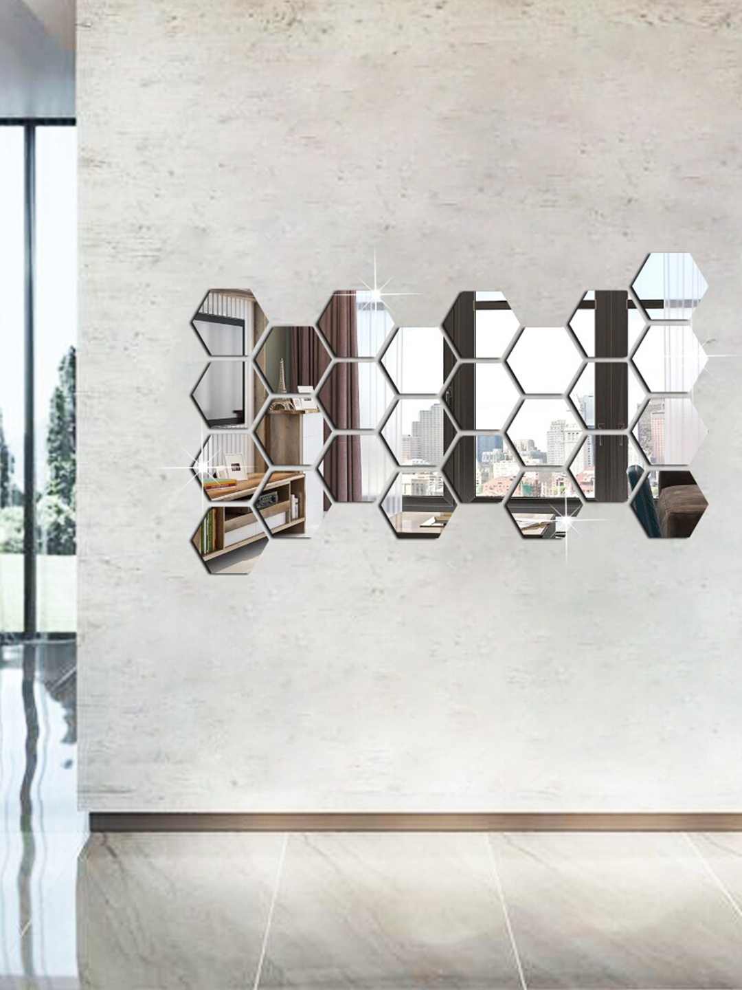 

WallDaddy Silver Toned 26 Pieces Acrylic Hexagon Mirror Wall Stickers