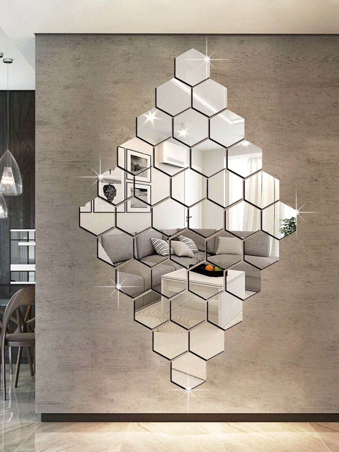 

WallDaddy Red 36 Pieces Self-Adhesive Hexagon Mirror Wall Stickers, Silver