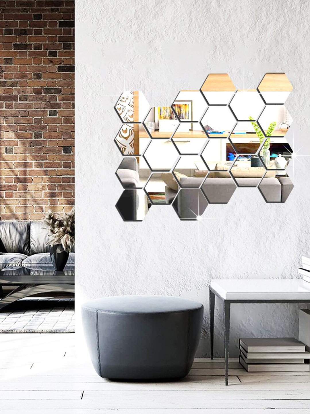 

WallDaddy Silver Toned 22 Pieces Hexagon Mirror Wall Stickers