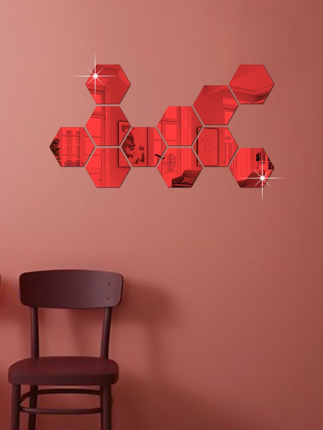 

WallDaddy 11 Pcs Red Hexagon Mirror Wall Stickers