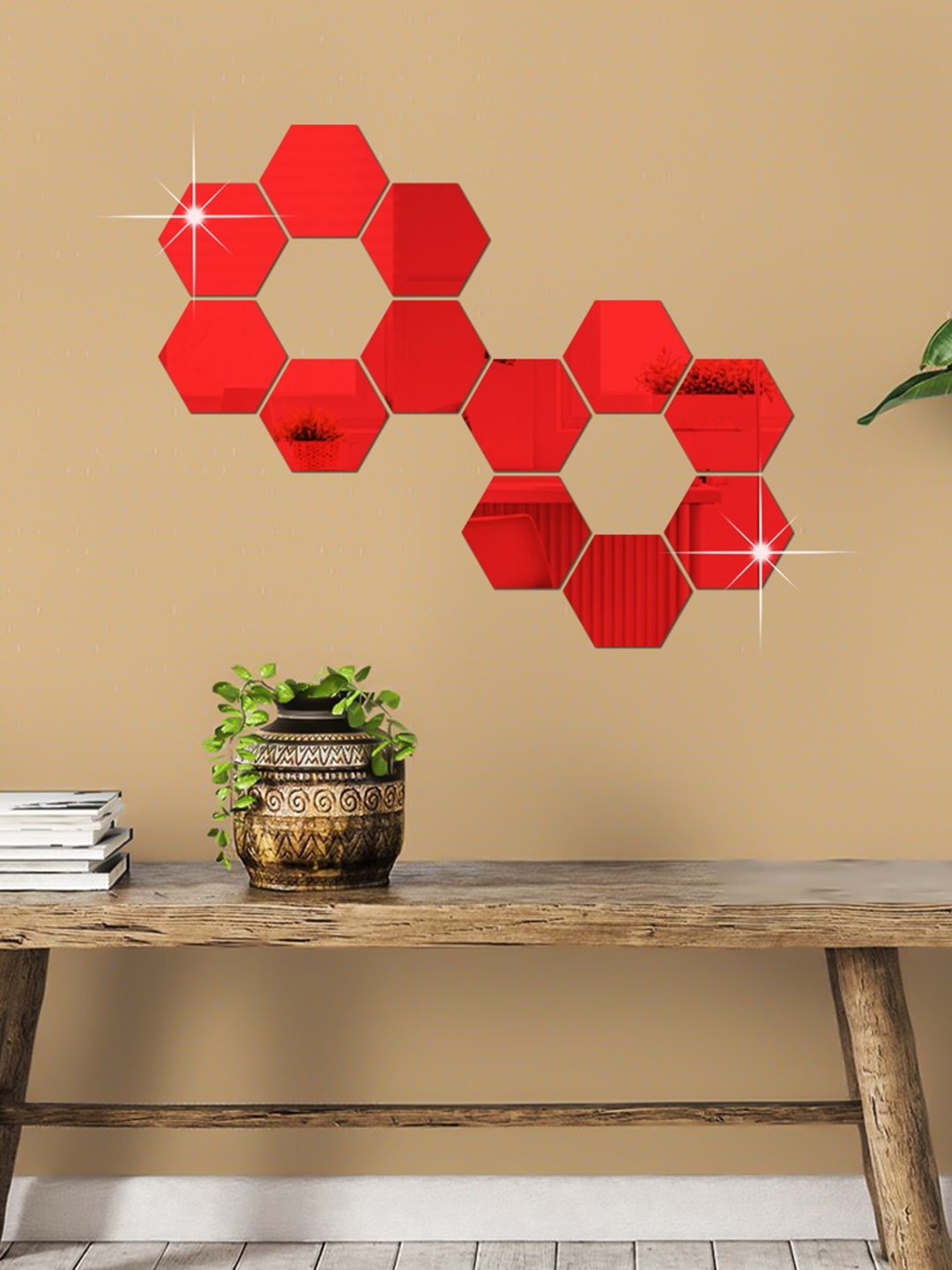 

WallDaddy 12 Pcs Red Hexagon Mirror Wall Stickers
