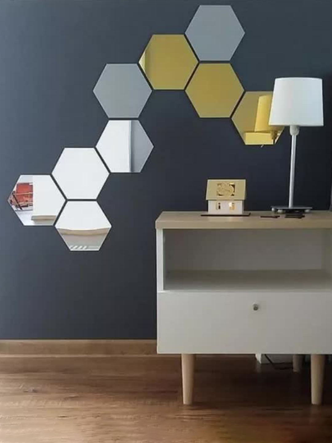 

WallDaddy 9 Pieces Hexagon Mirror Stickers For Wall, Silver
