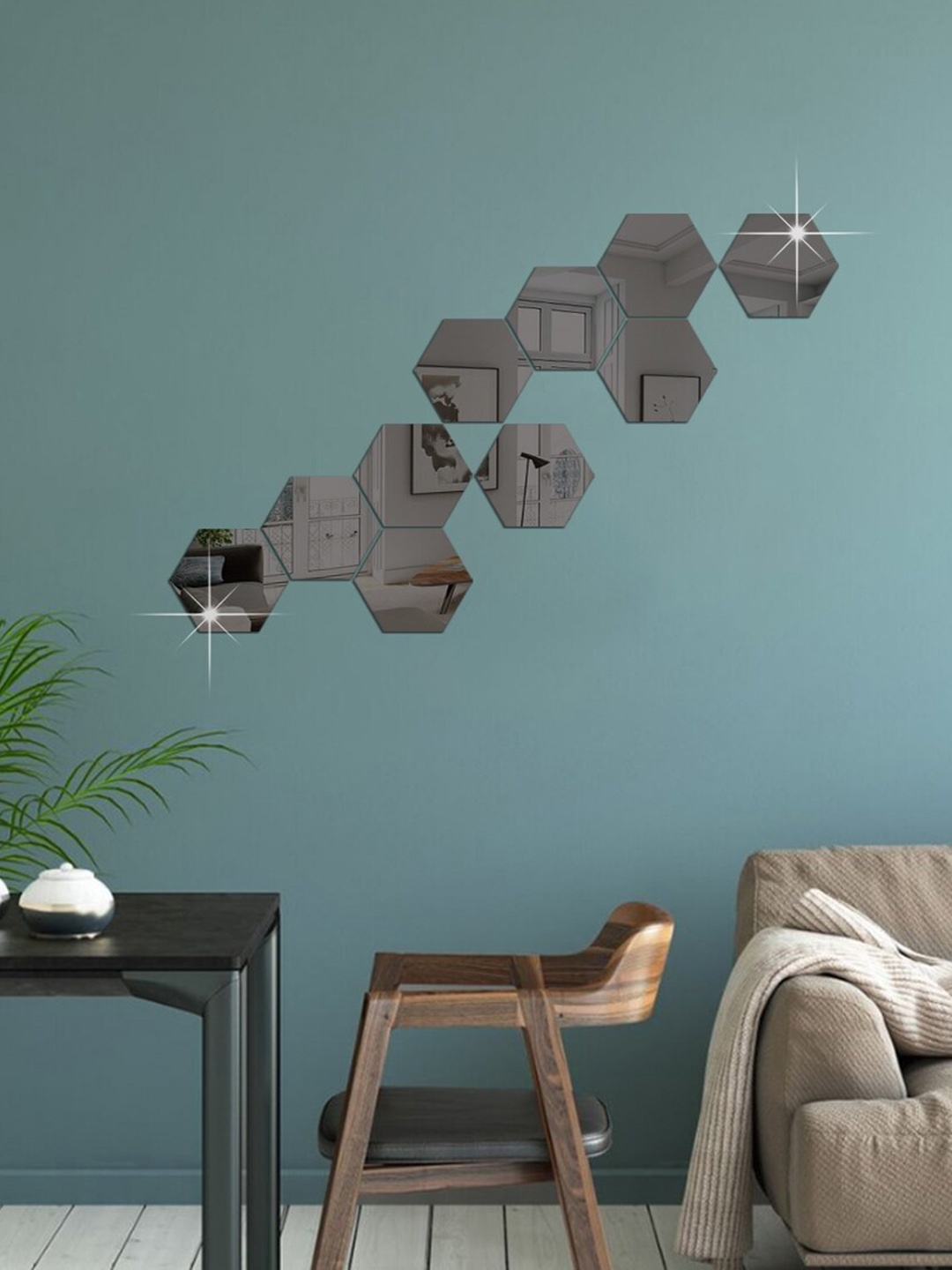 

WallDaddy 10 Pieces Hexagon Mirror Wall Stickers, Black