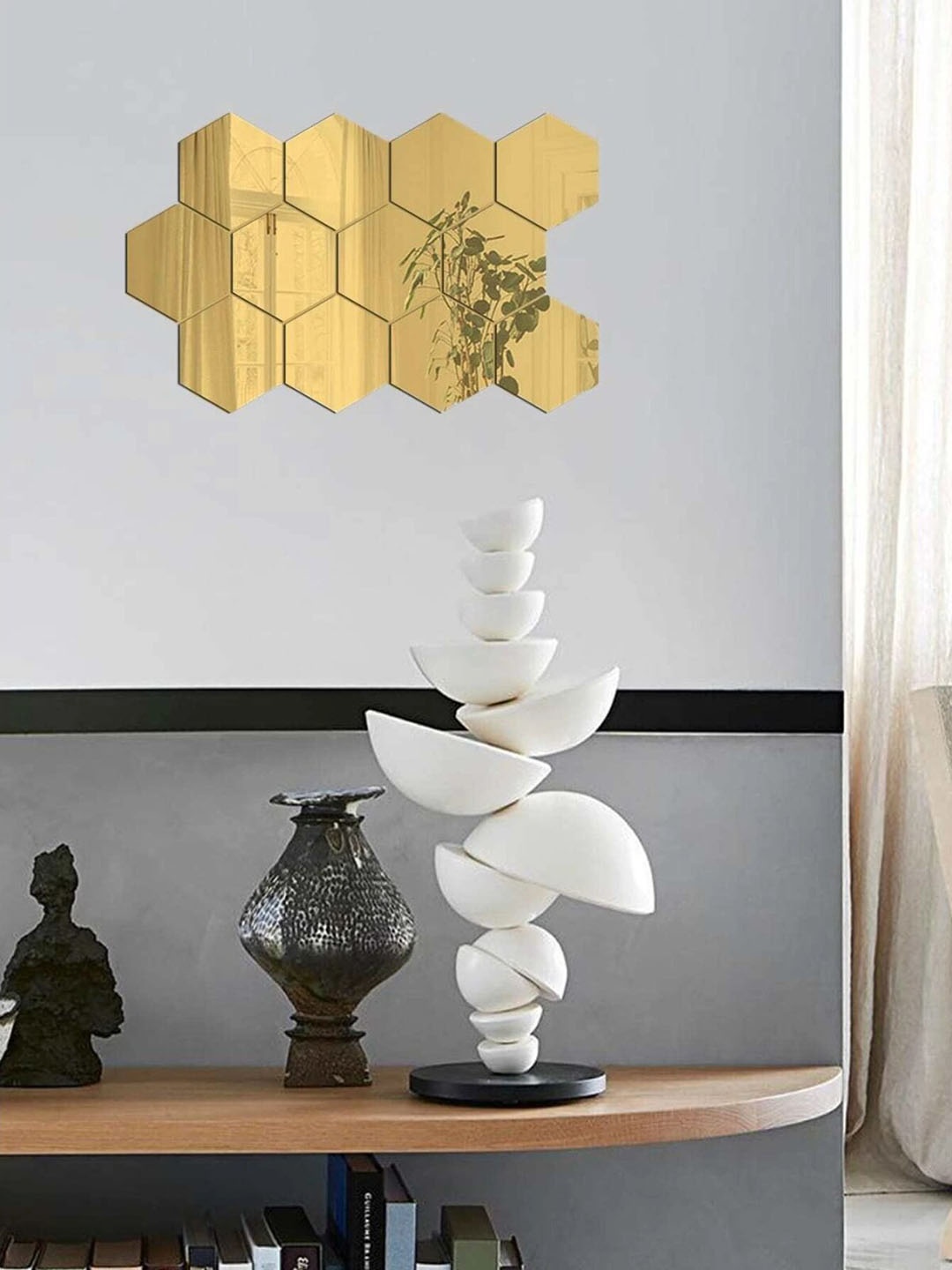 

WallDaddy Yellow 12 Pieces Hexagon Mirror Wall Stickers, Gold