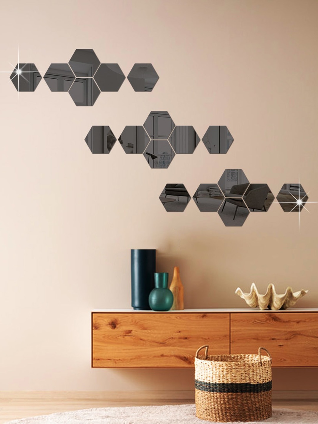 

WallDaddy Black 18 PiecesHexagon Design Mirror Wall Stickers