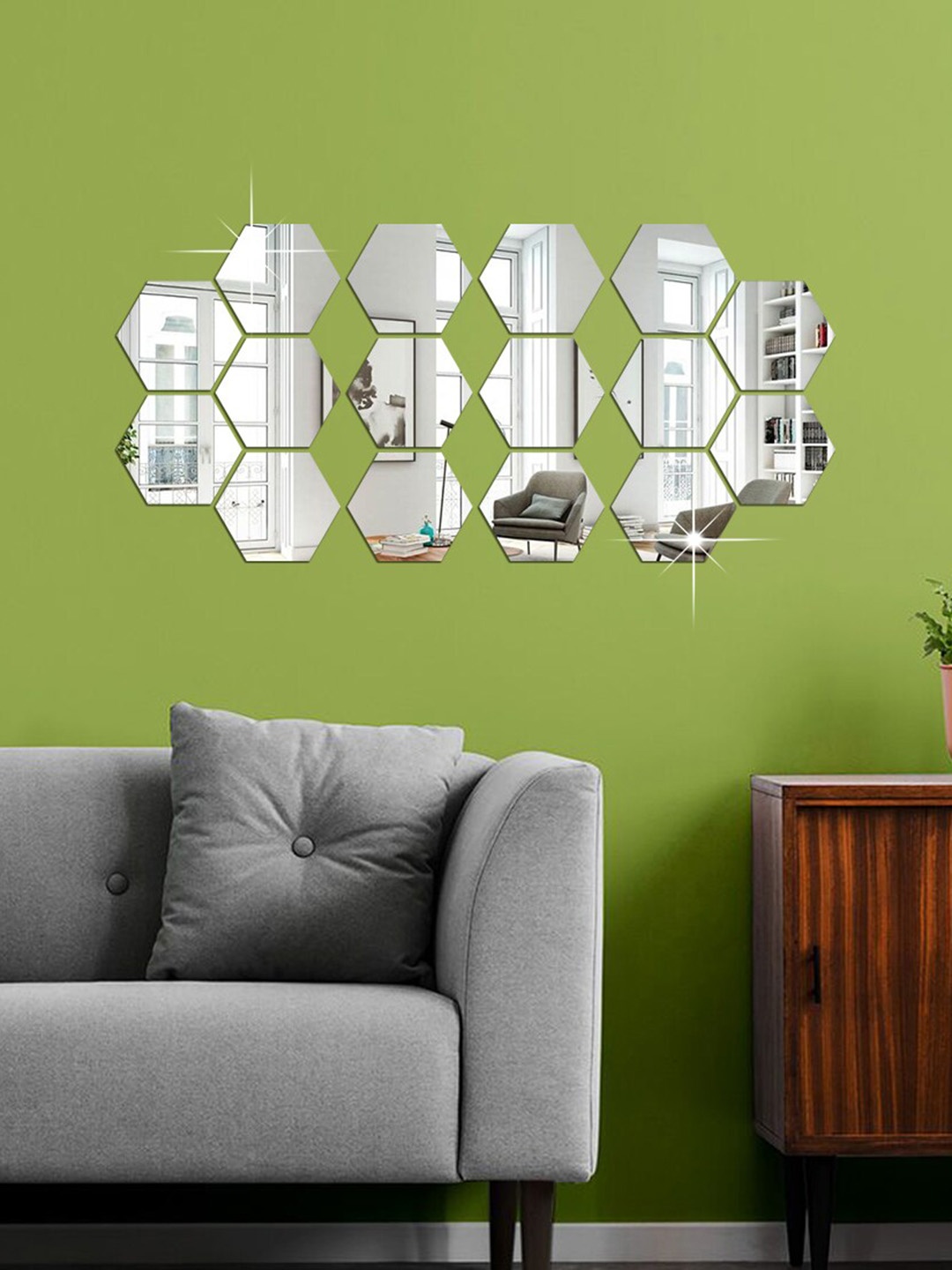 

WallDaddy Silver Toned 16 Pieces Hexagon Design Mirror Wall Stickers