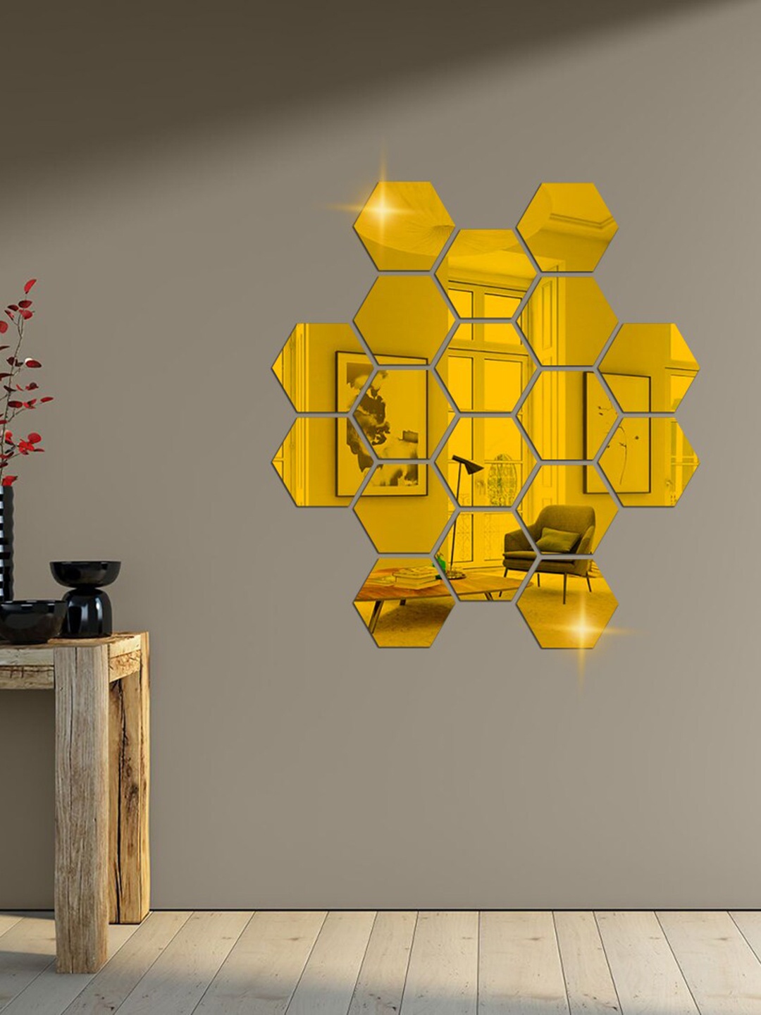 

WallDaddy Gold Toned 18 Pieces Hexagon Mirror Wall Stickers