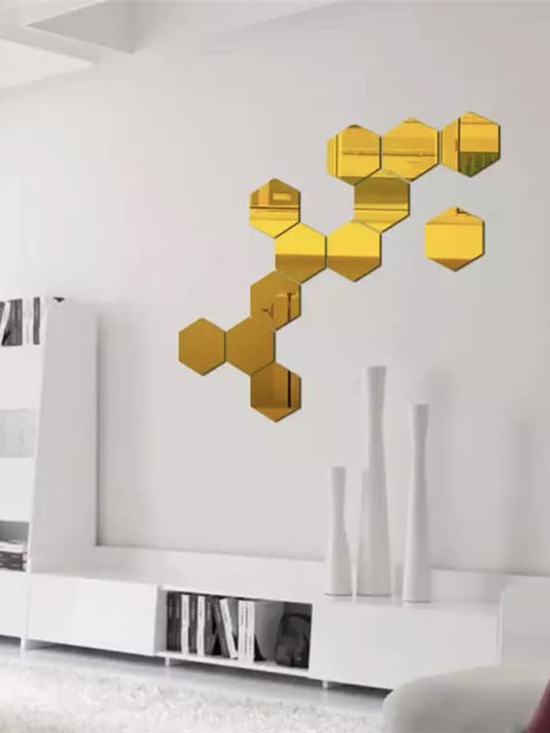 

WallDaddy Yellow 12 Pieces Hexagon Mirror Wall Stickers, Gold