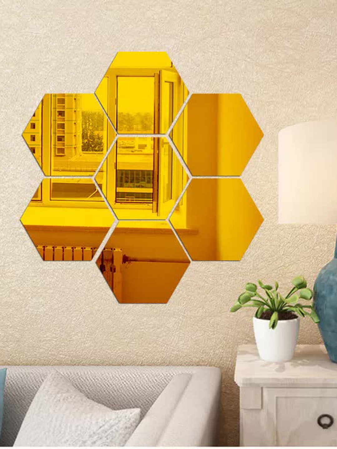 

WallDaddy Gold Toned 7 Pieces Hexagon Mirror Wall Stickers