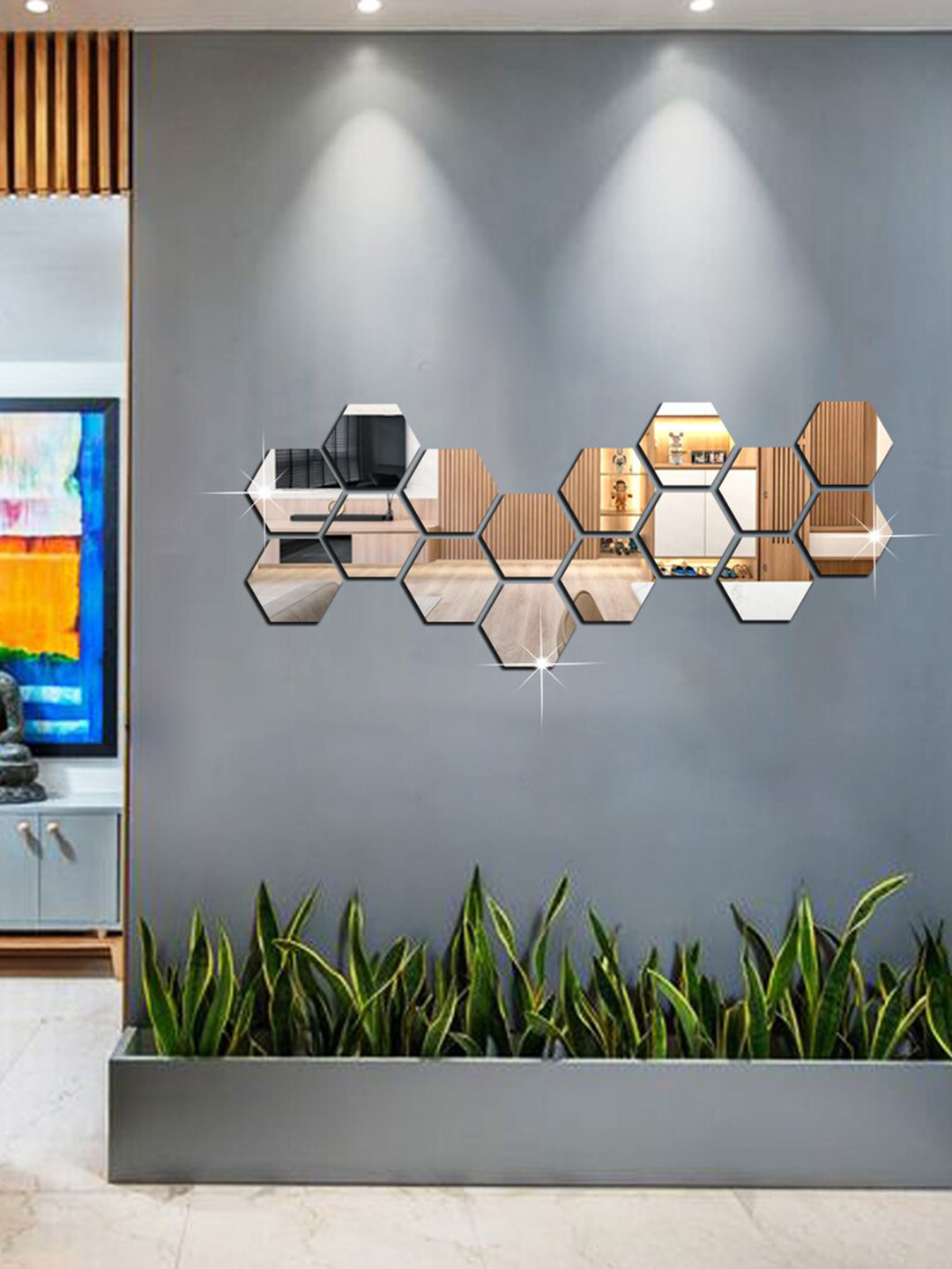 

WallDaddy 16 Pcs Silver-Toned Hexagon Mirror Wall Stickers