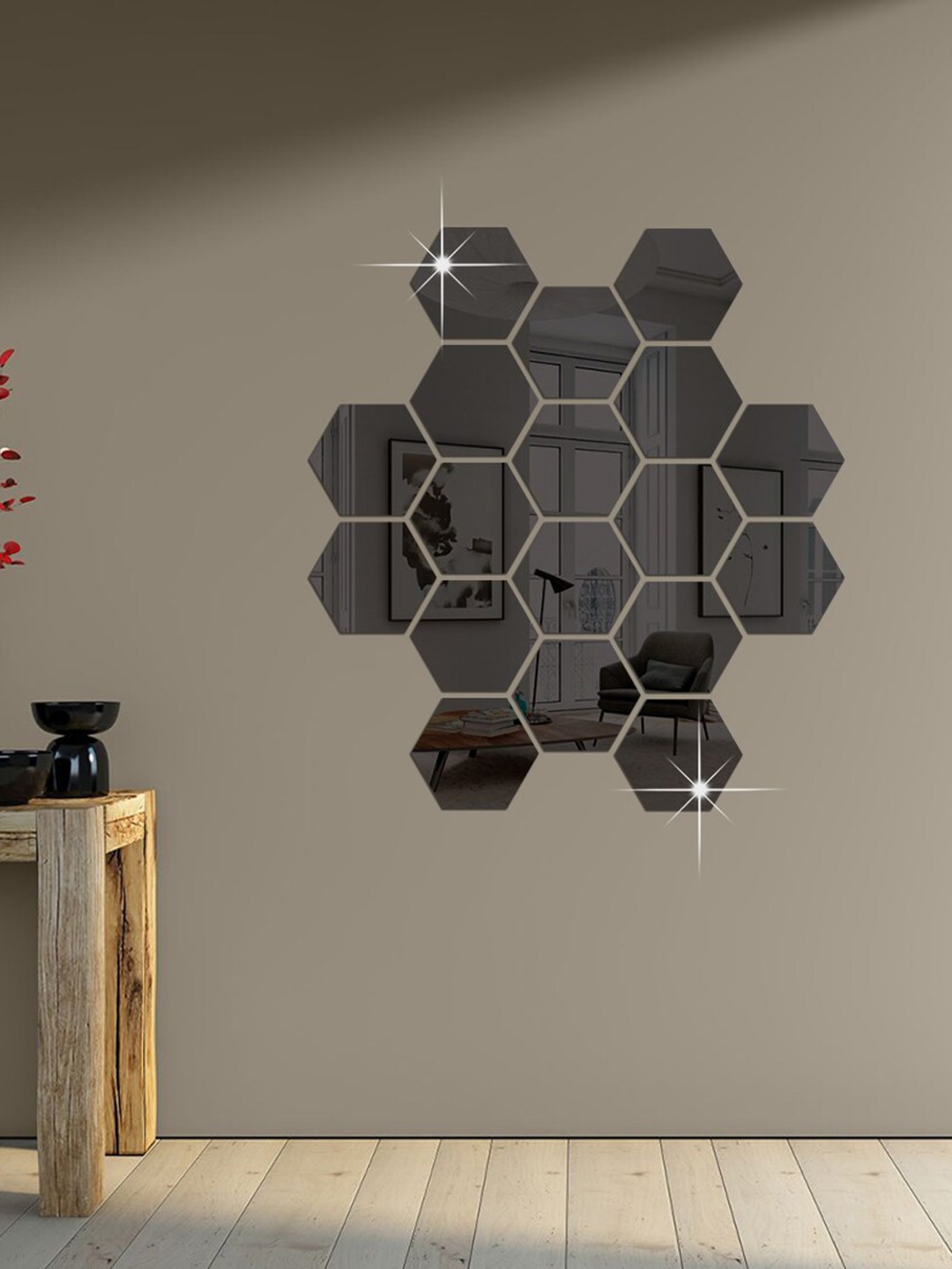

WallDaddy 18 Pcs Black Hexagon Mirror Wall Stickers