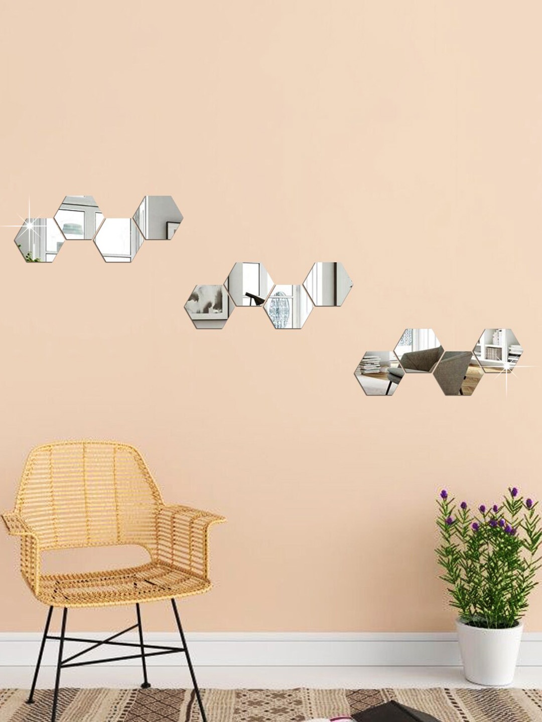 

WallDaddy 12 Pieces Hexagon Mirror Wall Stickers, Silver