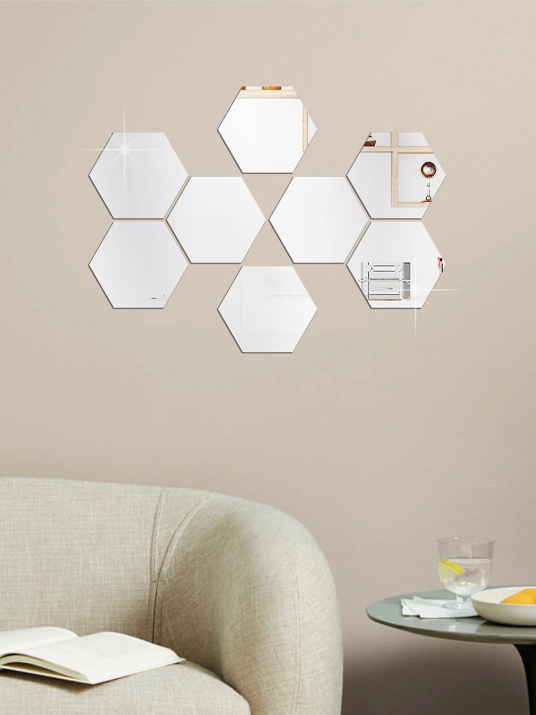 

WallDaddy White 8 Pieces Hexagon Mirror Wall Stickers, Silver