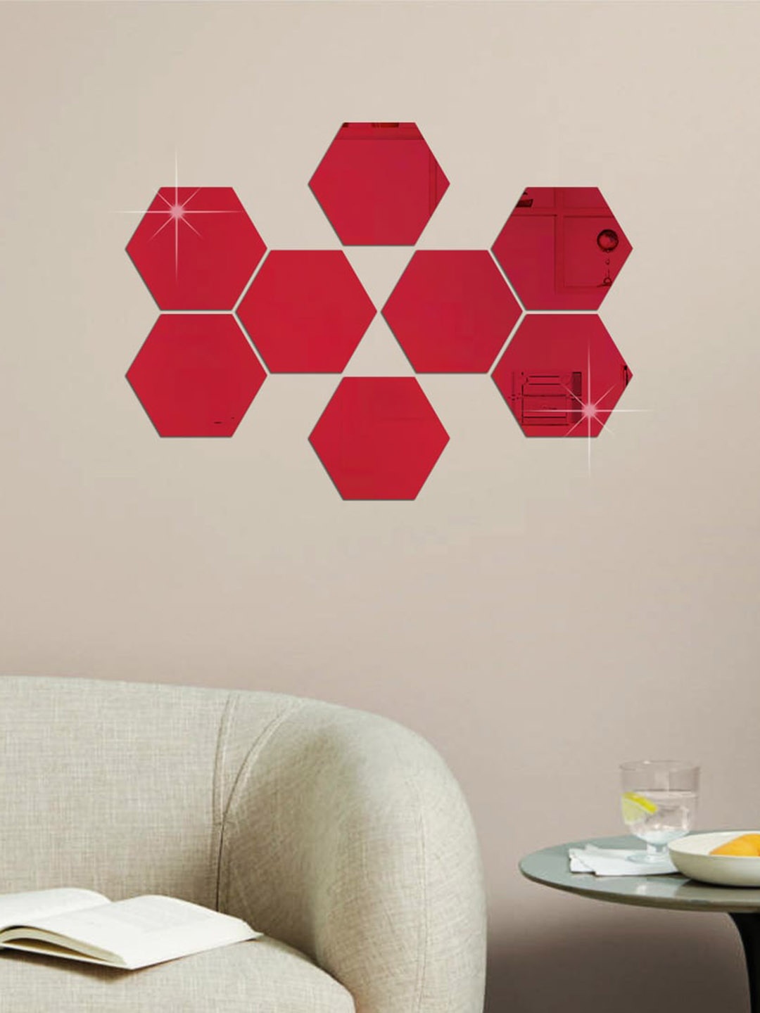 

WallDaddy Red 8 Pieces Self-Adhesive Hexagon Design Mirror Wall Stickers