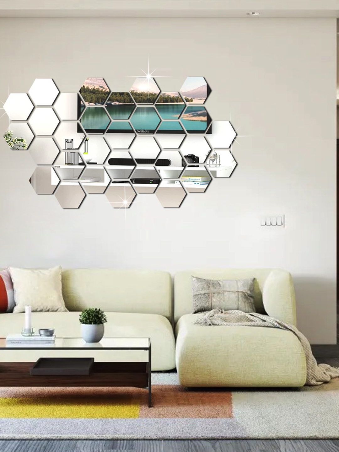 

WallDaddy Silver Toned 32 Pieces Hexagon Design Mirror Wall Stickers