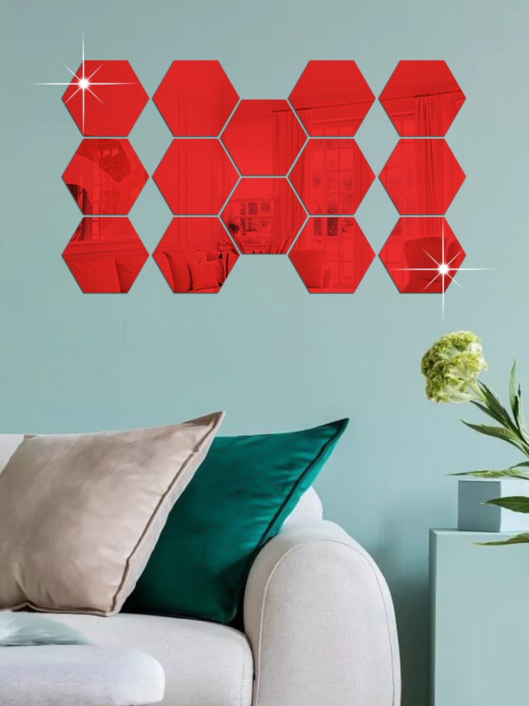 

WallDaddy Red 14 Pieces Acrylic Hexagon Mirror Wall Stickers
