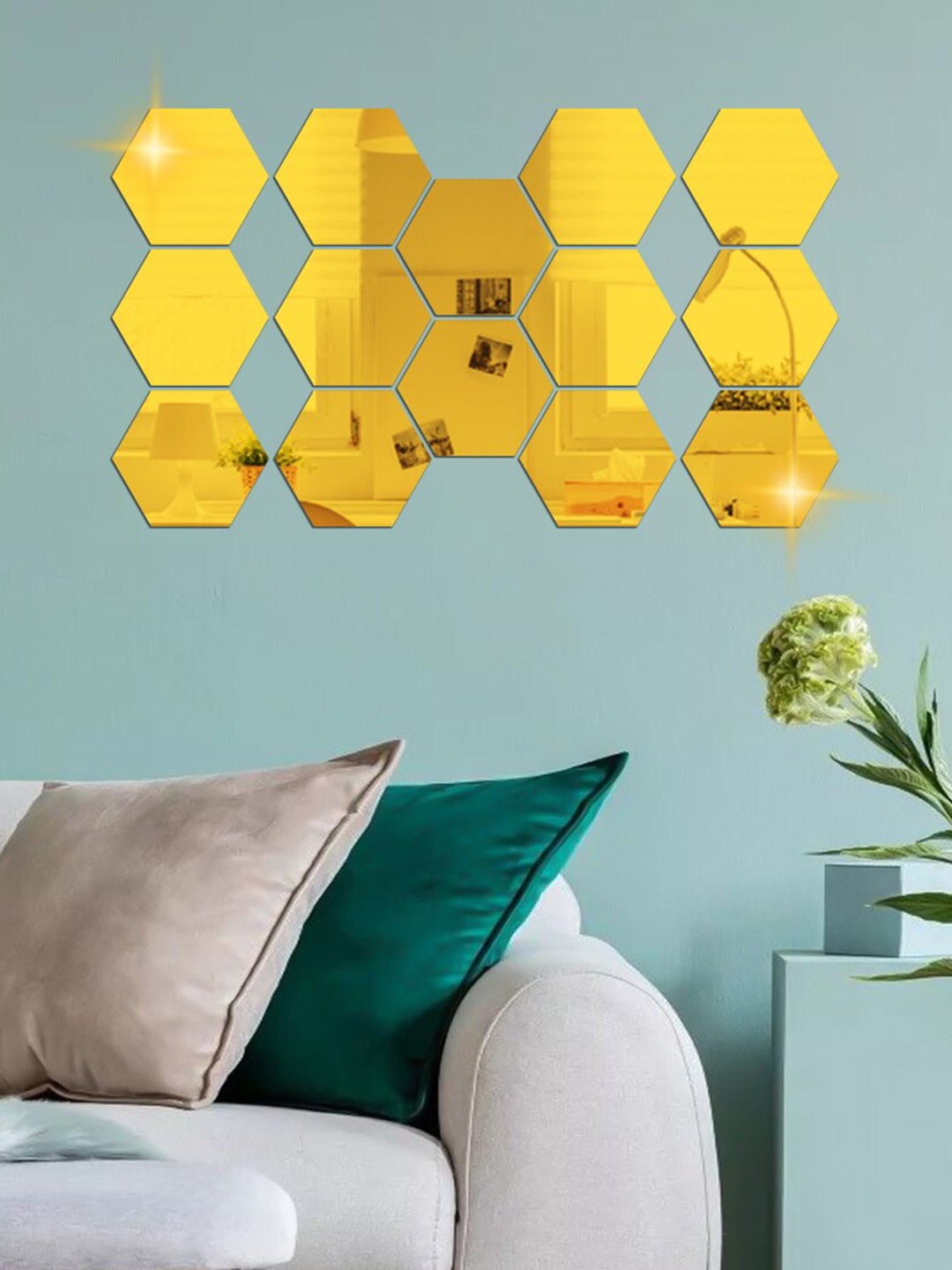 

WallDaddy Gold Toned 14 Pieces Acrylic Hexagon Mirror Wall Stickers