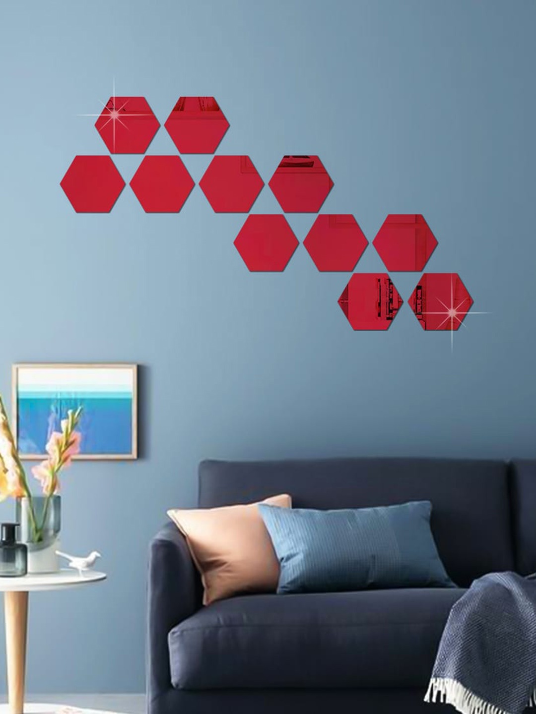 

WallDaddy Red 11 Pieces Acrylic Hexagon Mirror Wall Stickers