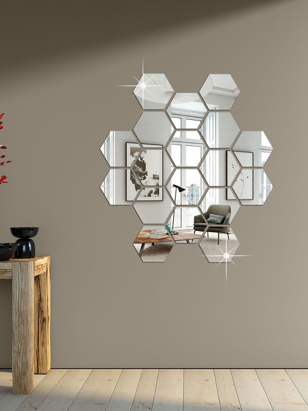 

WallDaddy Silver Toned 18 Pieces Acrylic Hexagon Mirror Wall Stickers