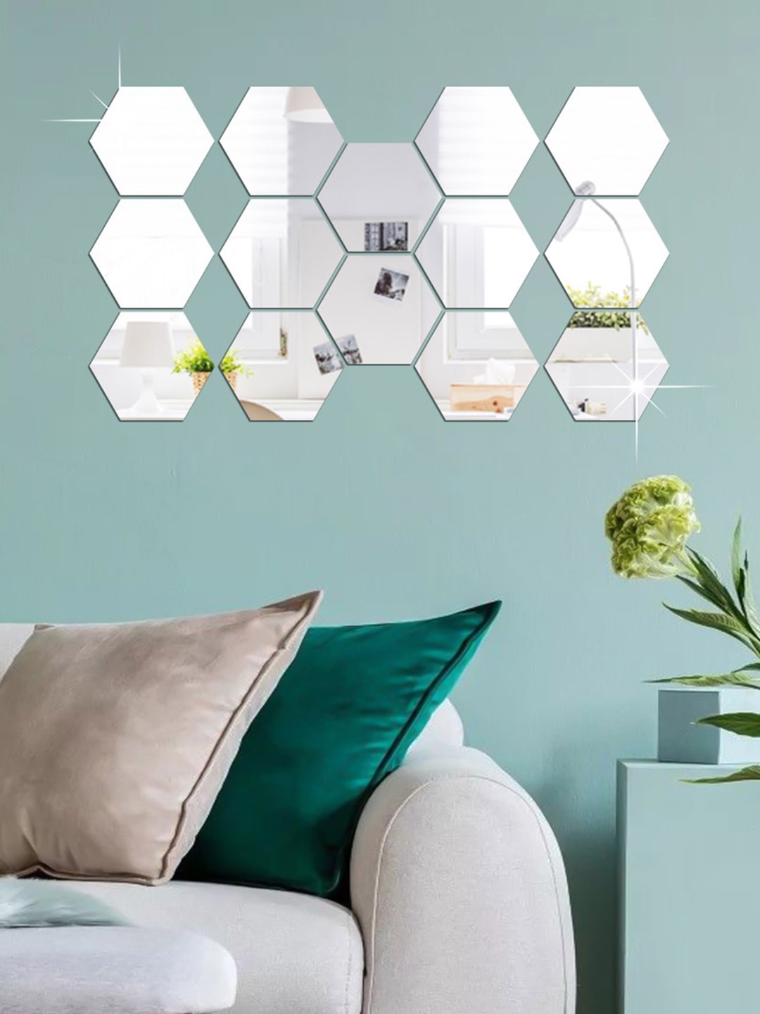 

WallDaddy Silver Toned 14 Pieces Hexagon Mirror Wall Stickers