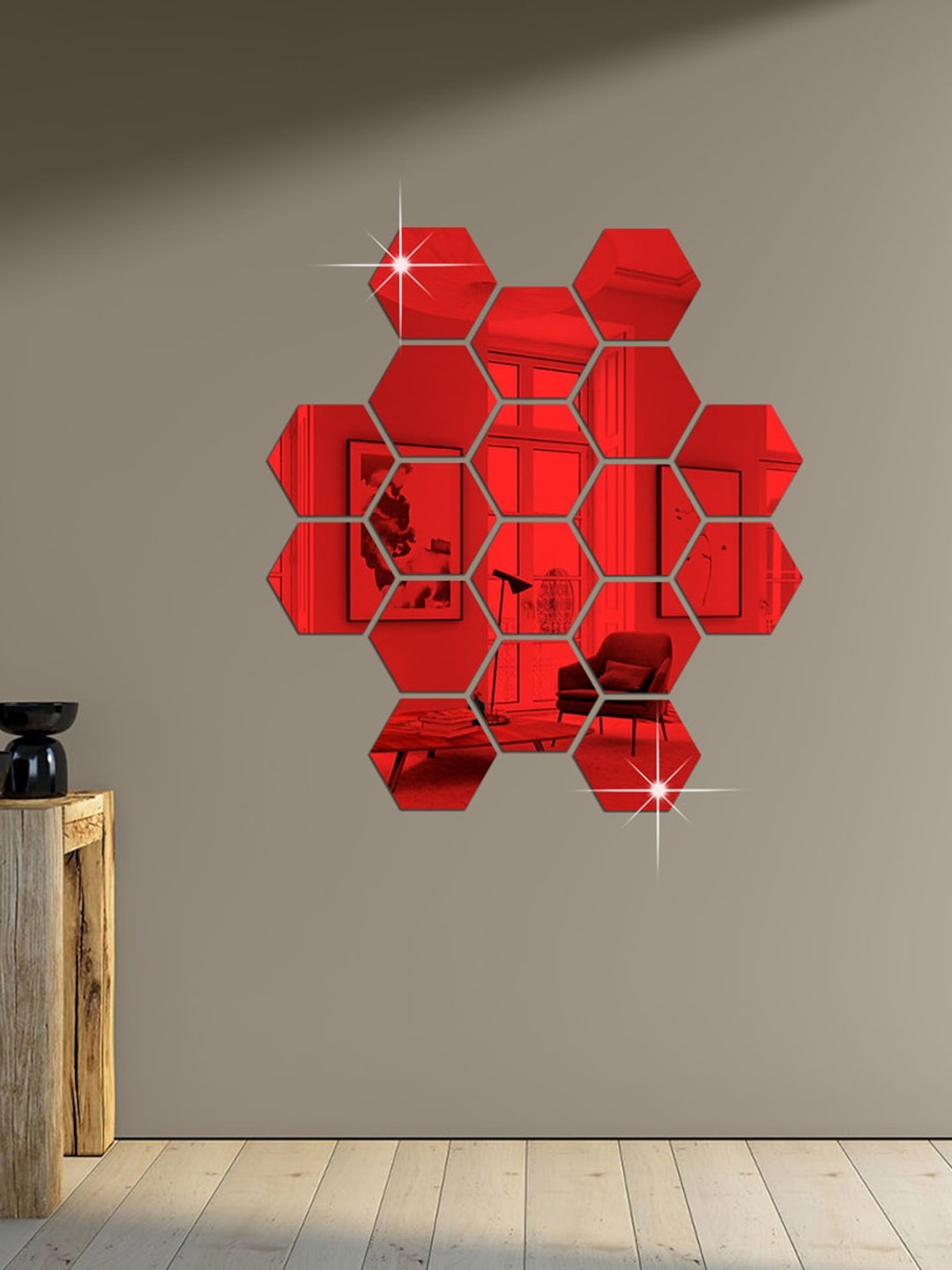 

WallDaddy Red 18 Pieces Hexagon Mirror Wall Stickers