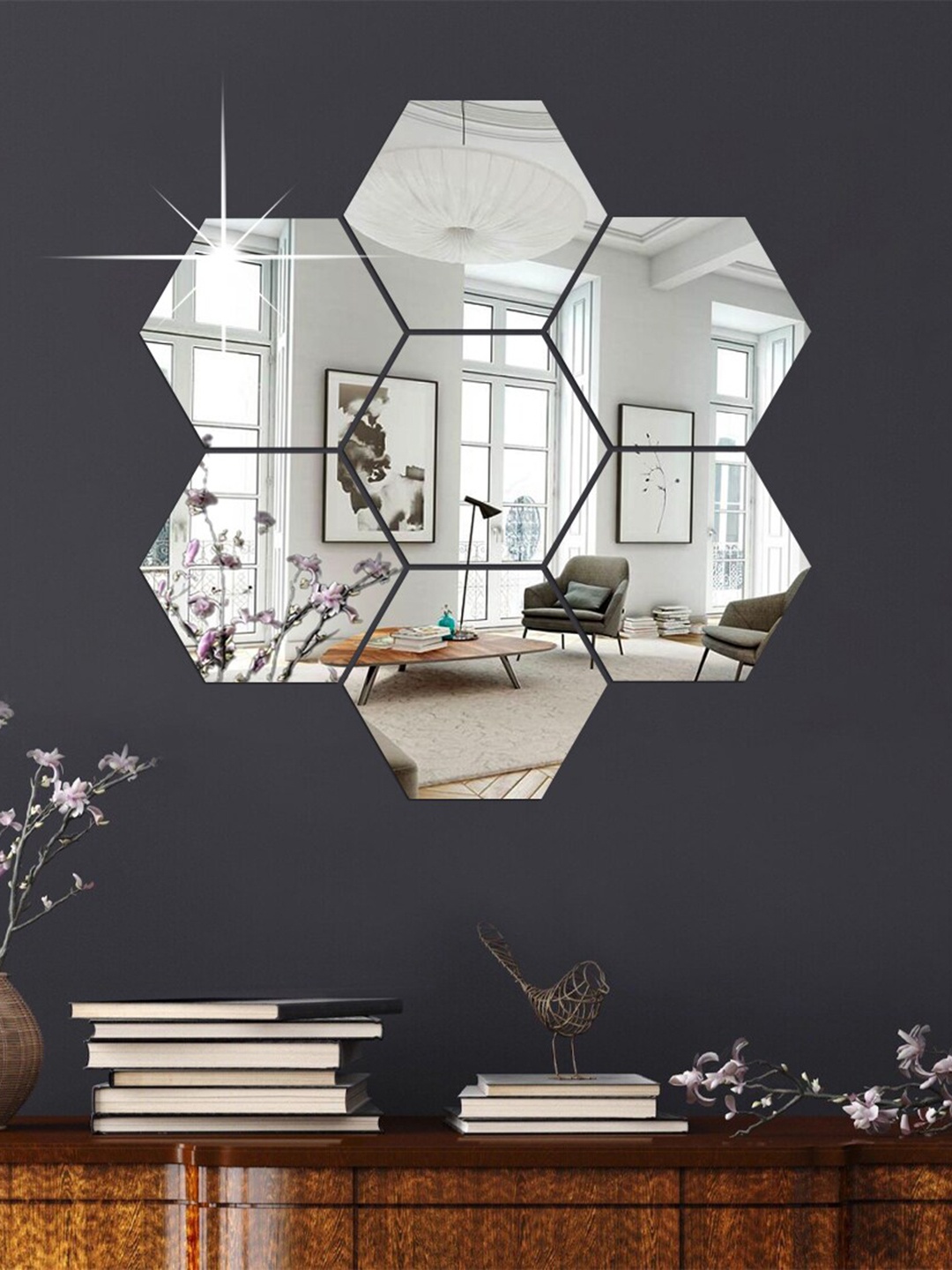 

WallDaddy Silver Toned 7 Pieces Hexagon Mirror Wall Stickers