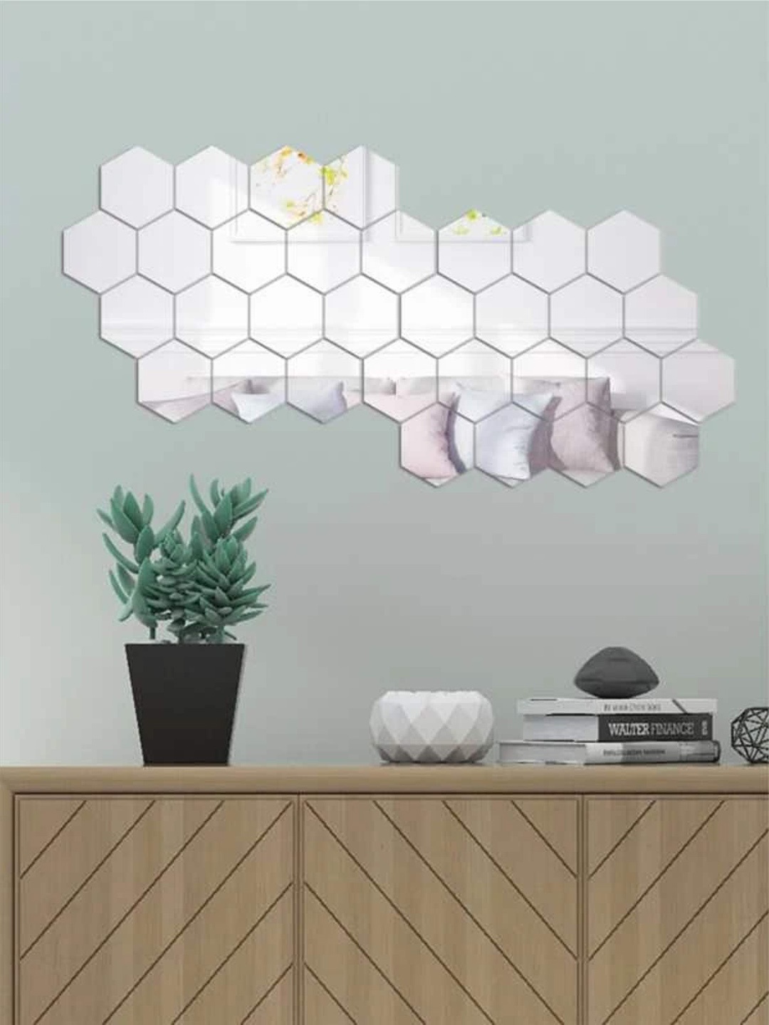 

WallDaddy Grey 32 Pieces Hexagon Mirror Wall Stickers, Silver