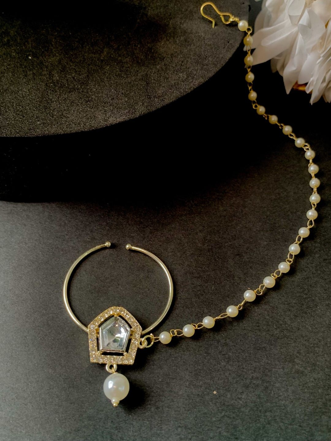 

I Jewels Gold-Plated Crystal-Studded Nosepin With Pearl Chain