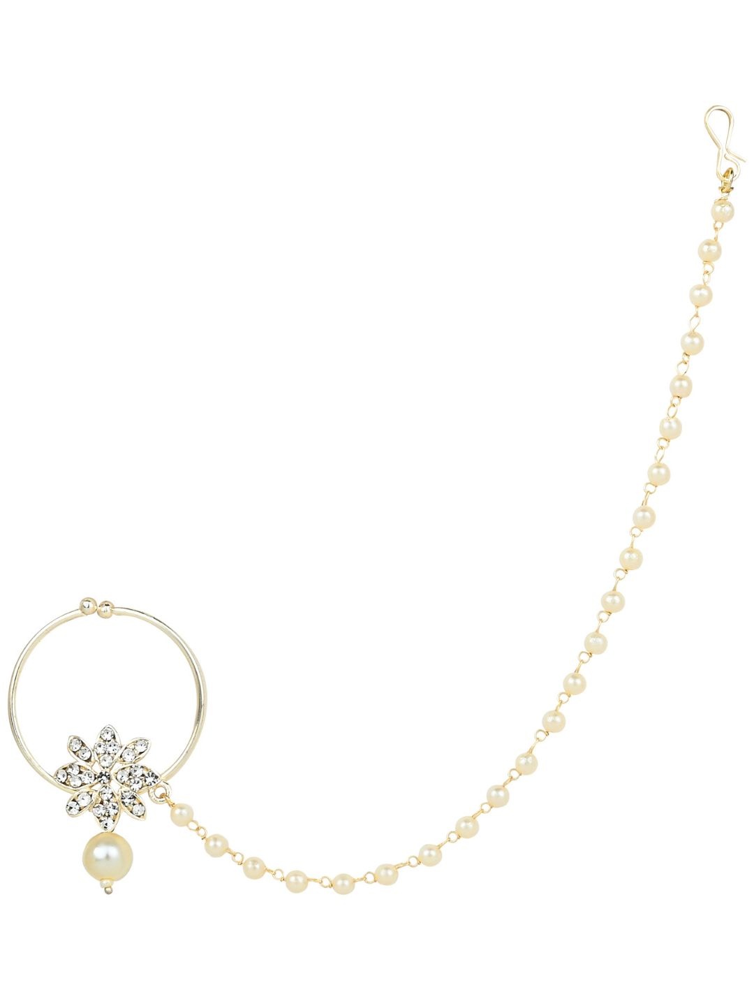 

I Jewels Gold-Plated Stone-Studded & Beaded Nose Ring With Pearl Chain