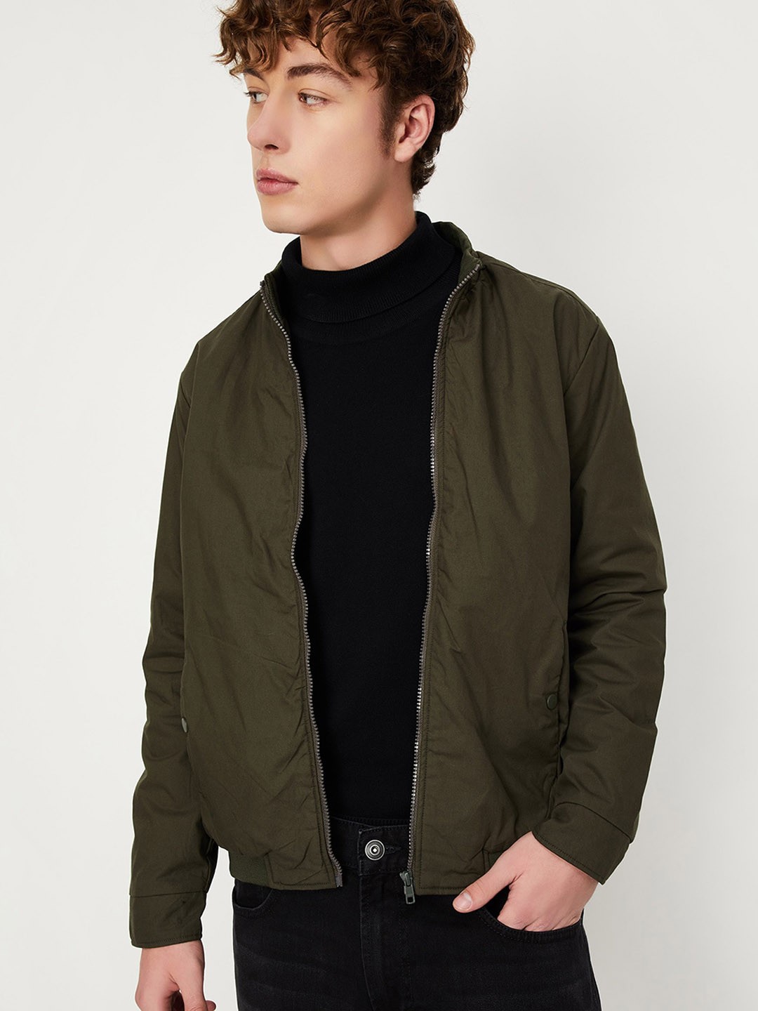 

max Stand Collar Pure Cotton Tailored Jacket, Olive