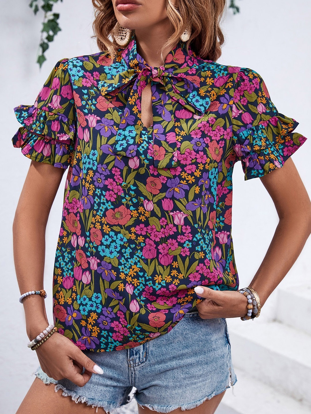 

StyleCast Floral Print Tie-Up Neck Bell Sleeve Top, Black