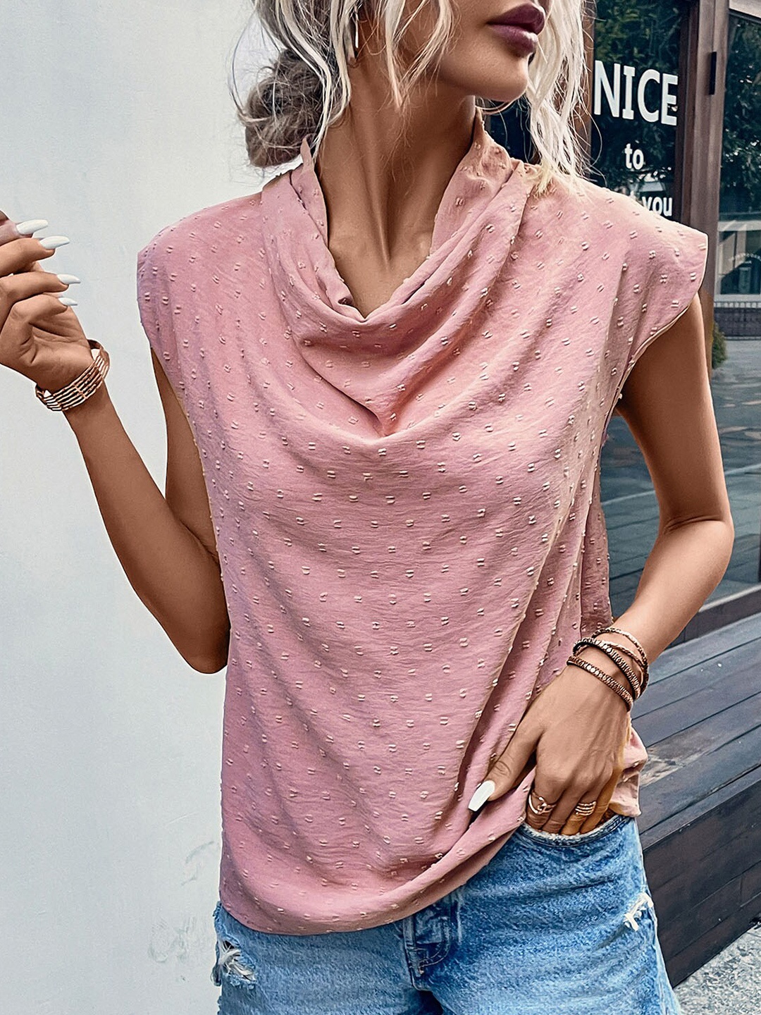 

StyleCast Pink Self Design Cowl Neck Extended Sleeve Regular Top