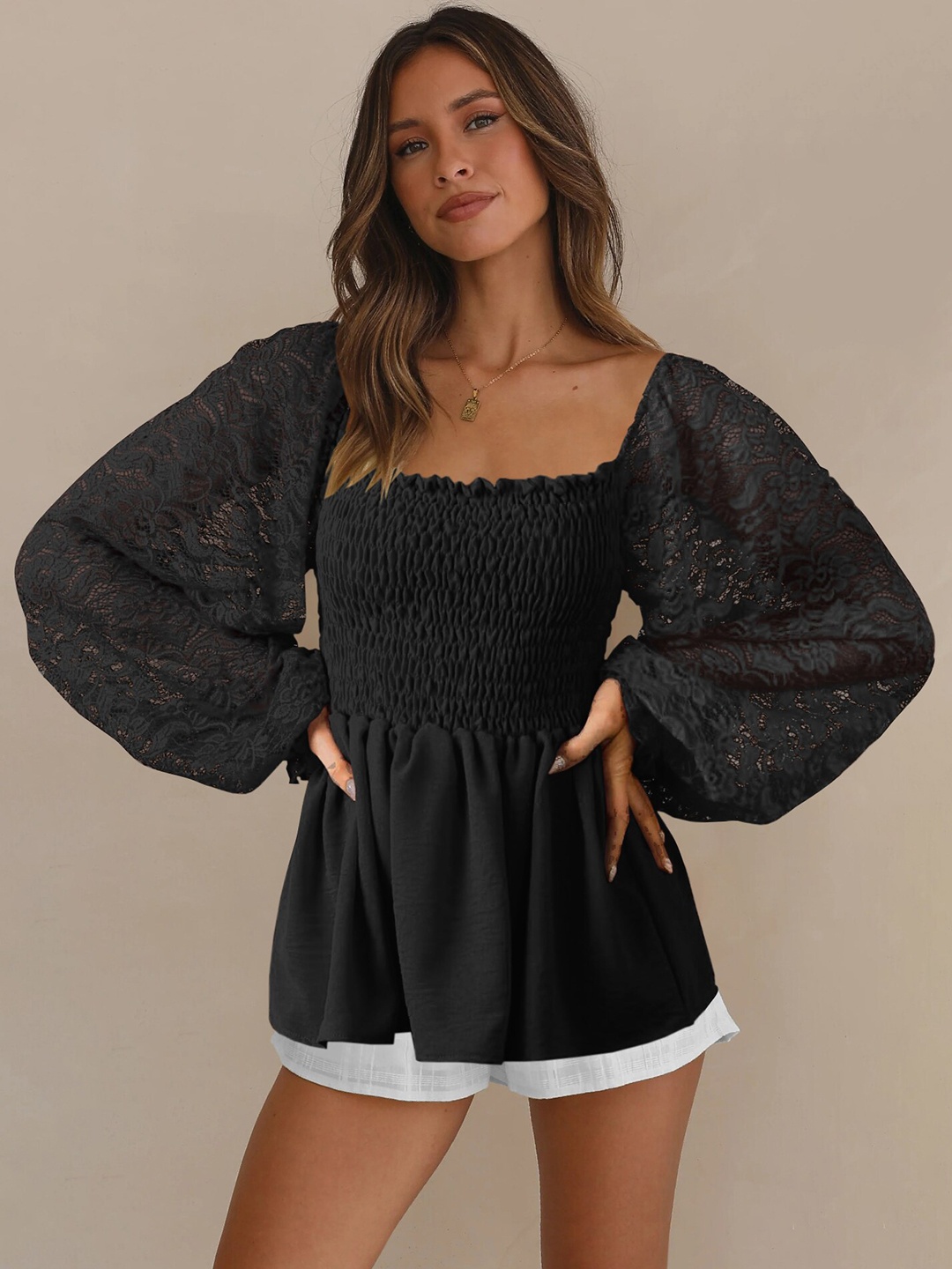 

StyleCast Batwing Sleeves Square Neck Peplum Top, Black
