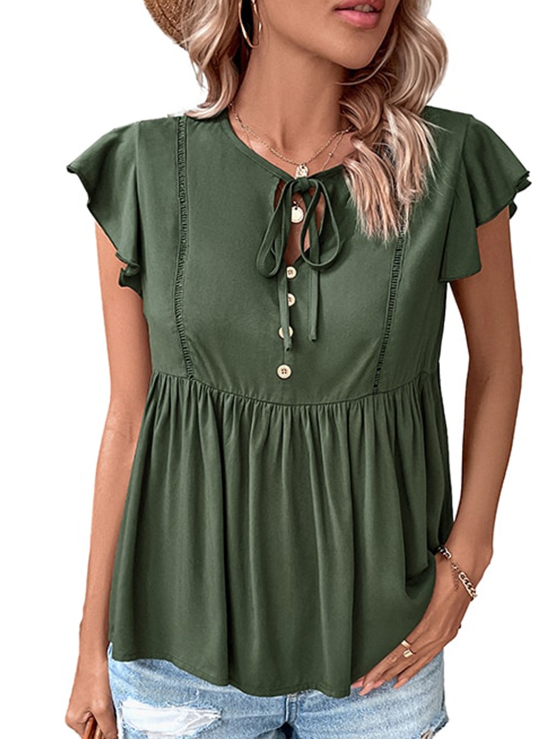

StyleCast Green Tie-Up Neck Flutter Sleeve A-LineTop