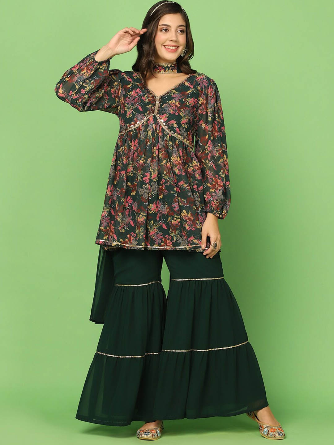 

FASHION DREAM Floral Printed Sequinned Empire Kurti With Sharara & Dupatta, Green